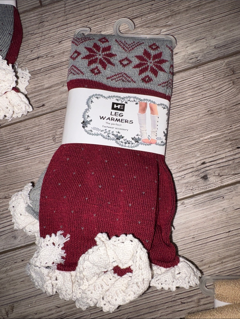 NWT red and grey leg warmers with white lace trim